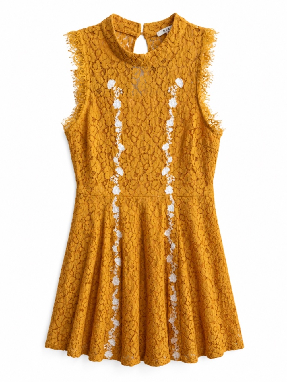 Mustard Yellow Lace Fit & Flare Dress with Floral Embroidery Size L